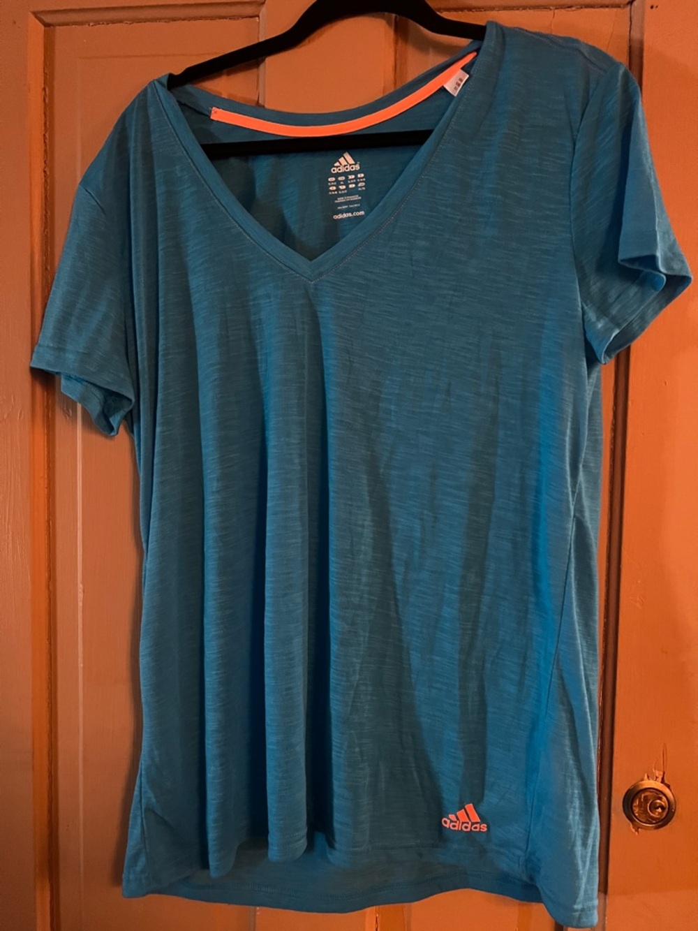 adidas Women's Teal V-Neck Short Sleeve Tee with Coral Logo Accent